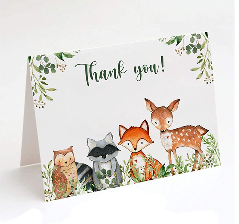 Popfavors 50 بطاقة شكر وودلاند، 4 × 6 بوصة، ملاحظات شكر لحيوانات الغابة الخضراء مع مغلفات وملصقات خضراء متطابقة، بطاقات ملاحظات لمخلوقات الغابة مثالية لاستحمام الطفل في وودلاند وحفلة عيد الميلاد - Image 5